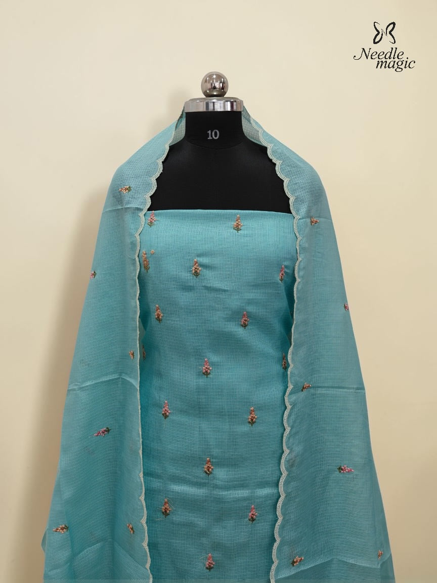 Aqua Blue Net Cotta Churidar with floral Applique