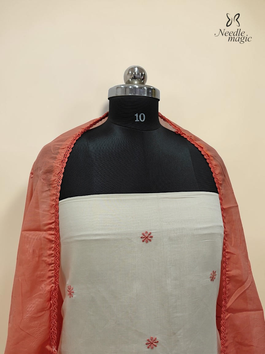Coral Peach Mul Chanderi Set With Cutwork