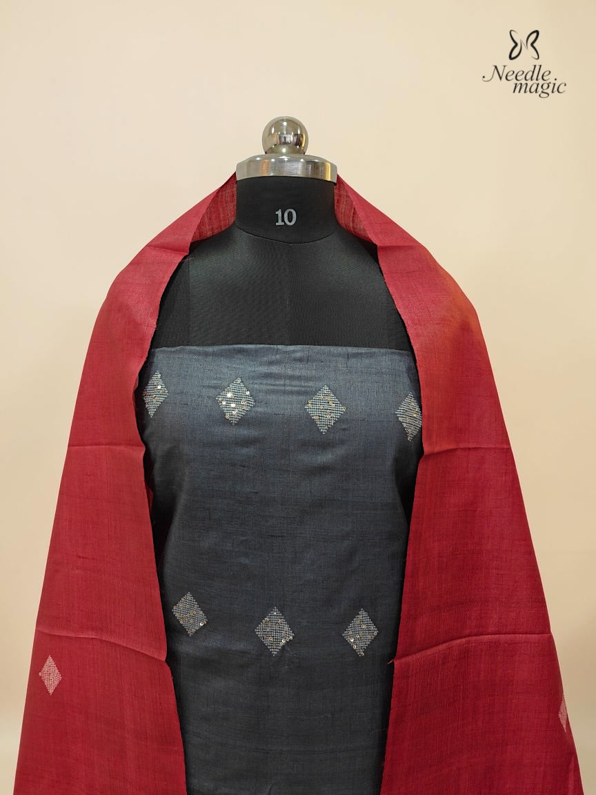 Charcoal Grey & Rust Red Tussar Silk Churidar