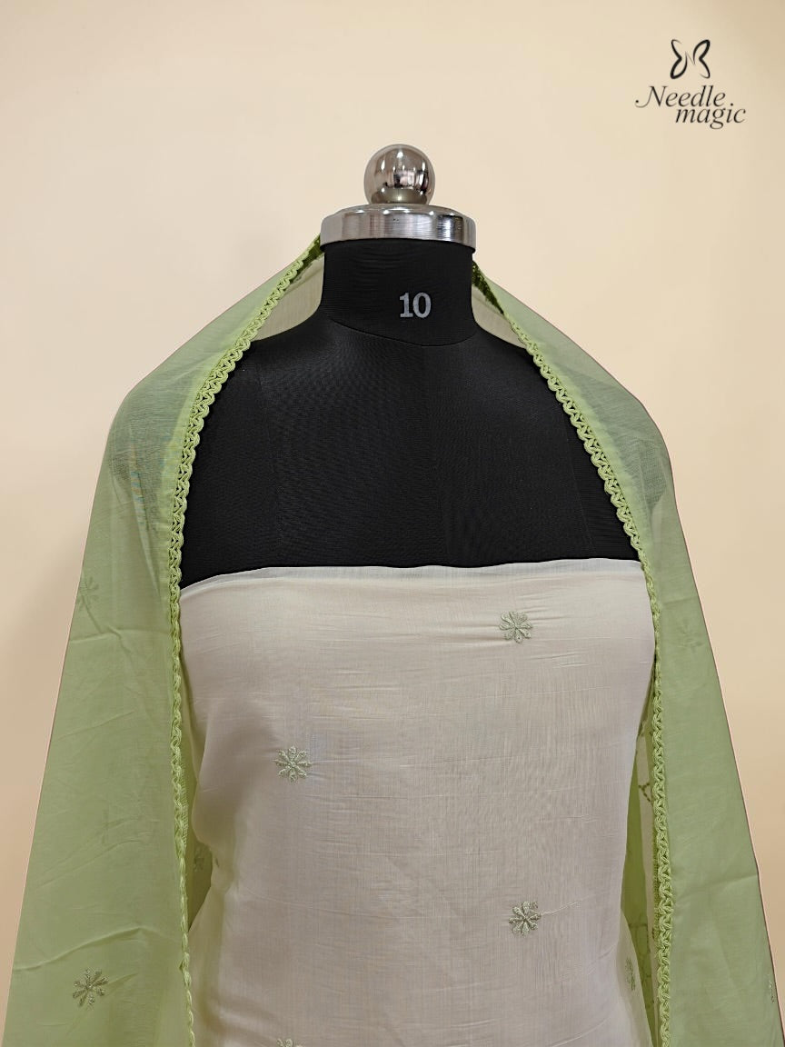 Pastel Pista Green Mul Chanderi Set With Cutwork