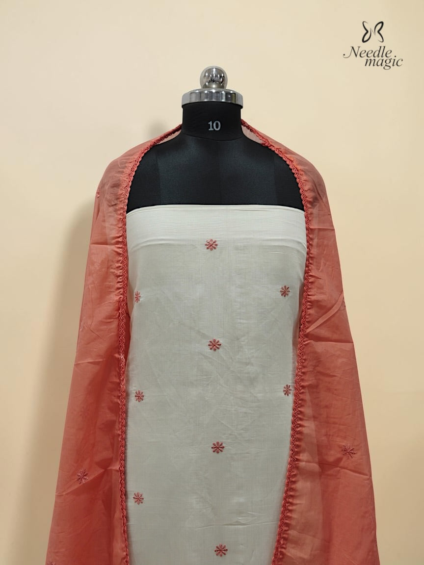 Coral Peach Mul Chanderi Set With Cutwork