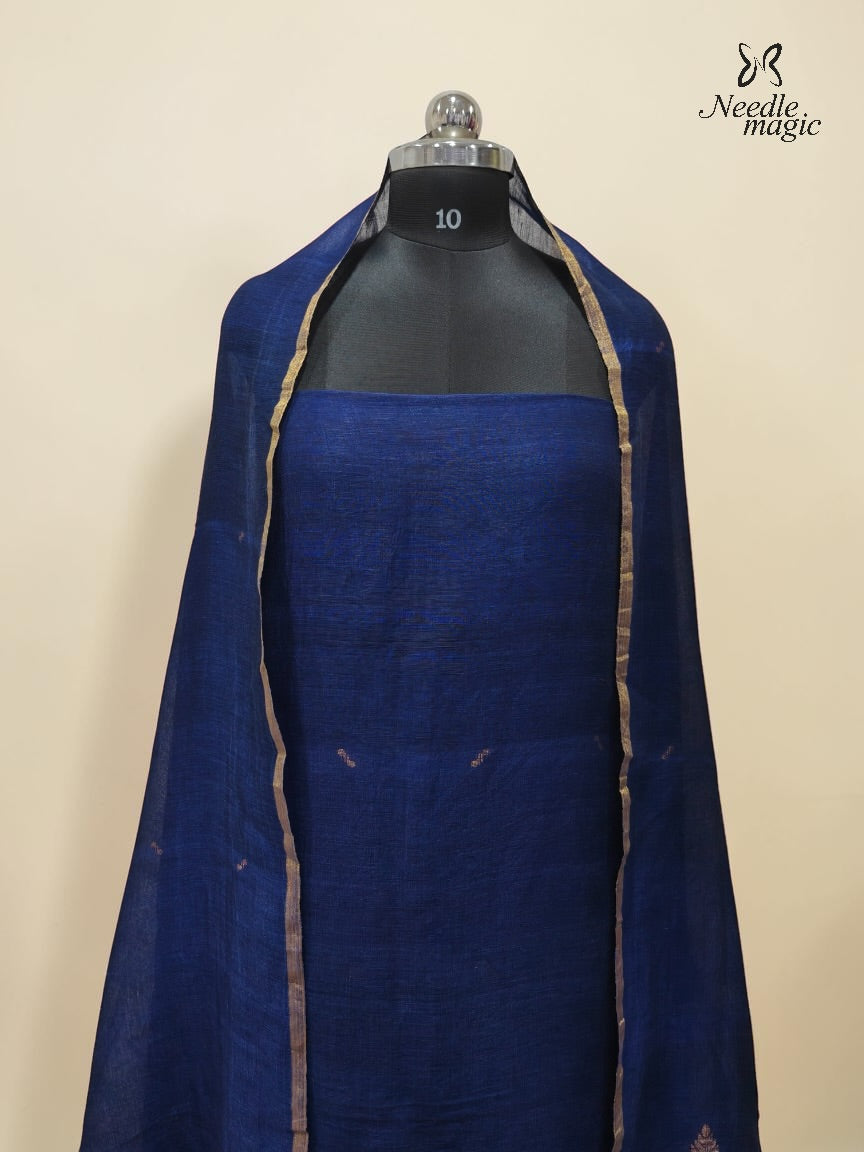 Royal Blue Jamdani Linen Churidar With Antique Gold Border & Motifs