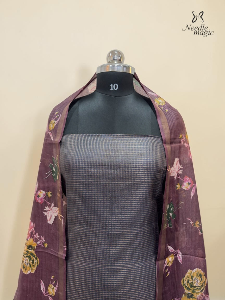 Wine Purple Tussar Silk Churidar with Grey Accents