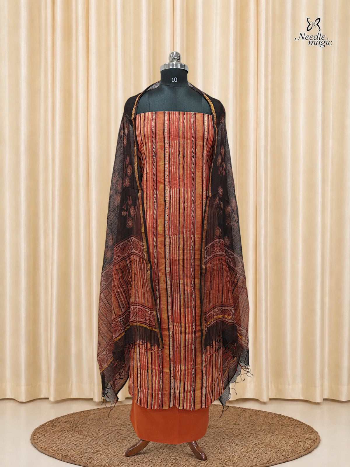 Rust Orange Cotton Churidar With Hand Block Ajrakh Print