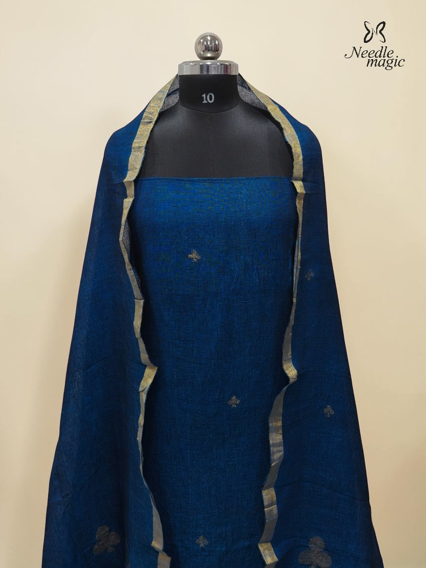 Peacock Blue Jamdani Linen Churidar With Antique Gold Border & Motifs