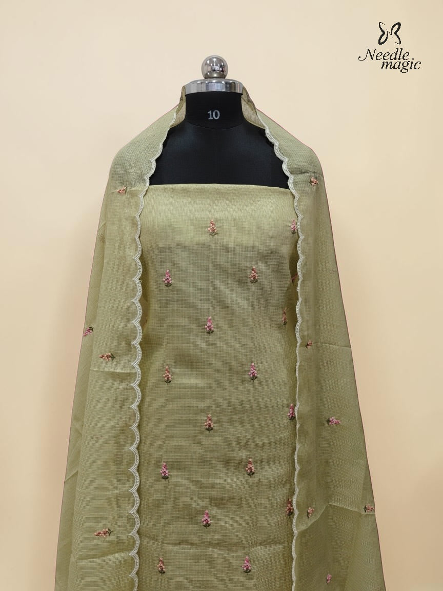 Pistachio Green Net Cotta Churidar with floral Applique