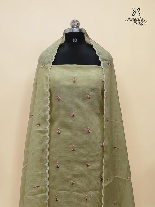 Pistachio Green Net Cotta Churidar with floral Applique