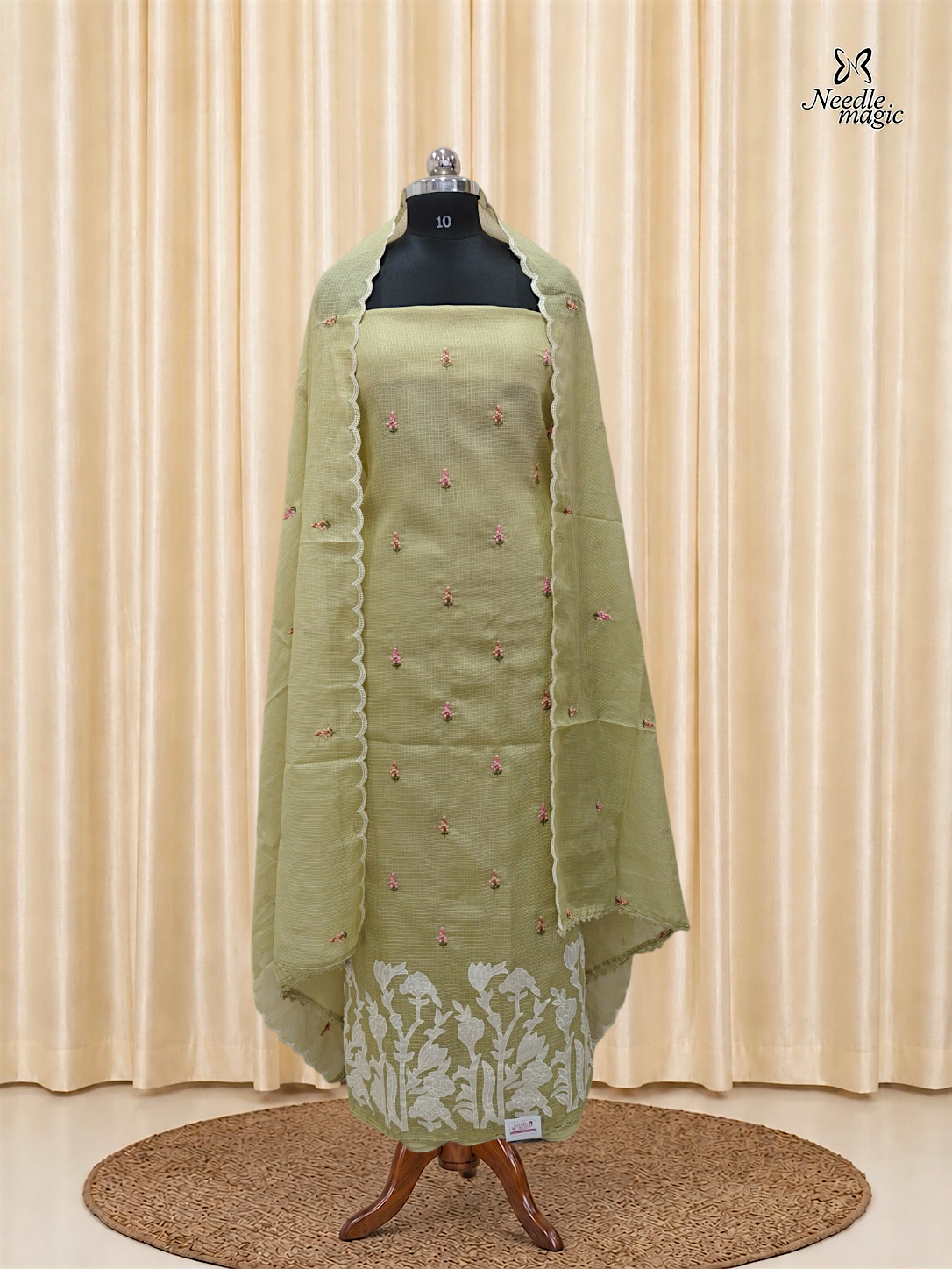 Pistachio Green Net Cotta Churidar with floral Applique