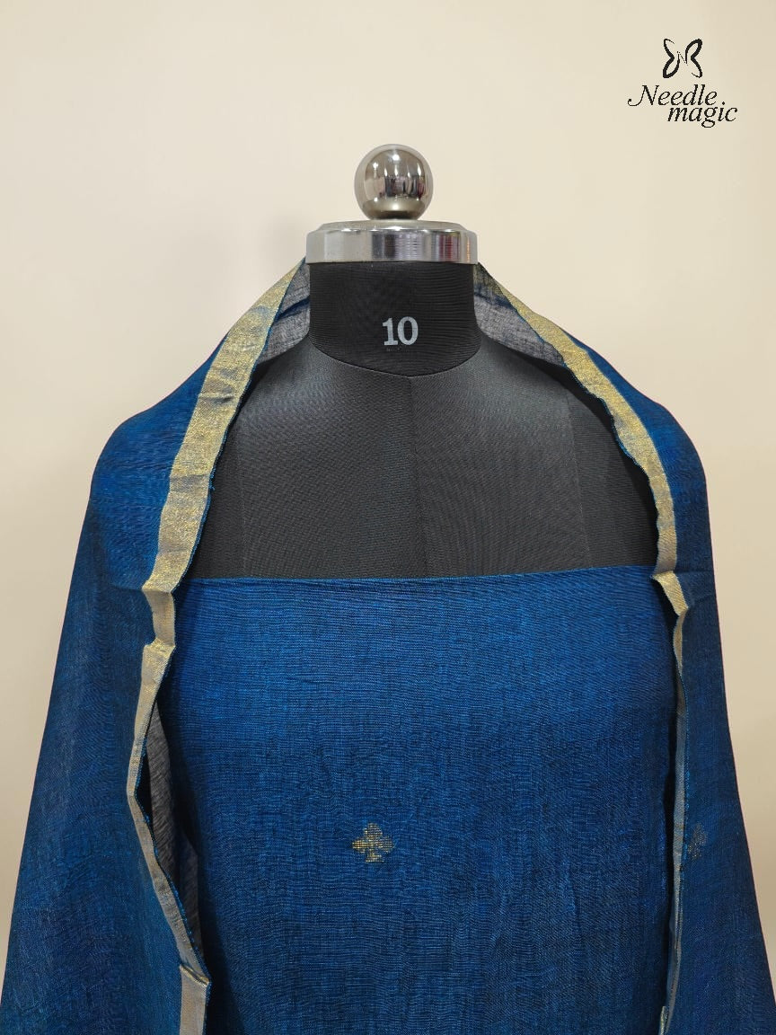 Peacock Blue Jamdani Linen Churidar With Antique Gold Border & Motifs
