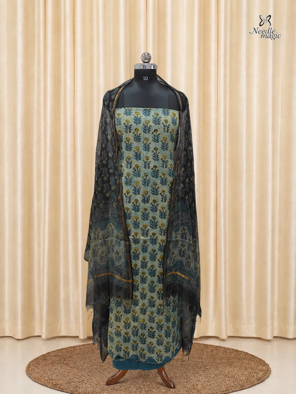 Dusty Teal Blue Cotton Churidar With Hand Block Ajrakh Print