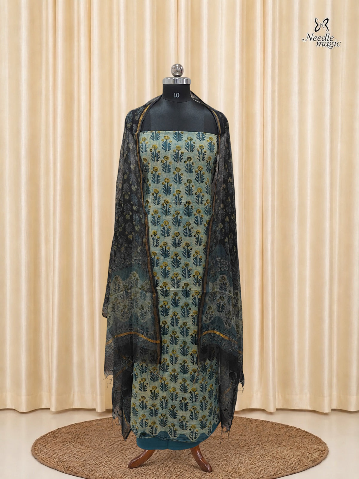 Dusty Teal Blue Cotton Churidar With Hand Block Ajrakh Print