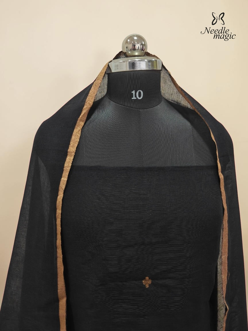 Black Jamdani Linen Churidar With Antique Gold Border & Woven Design