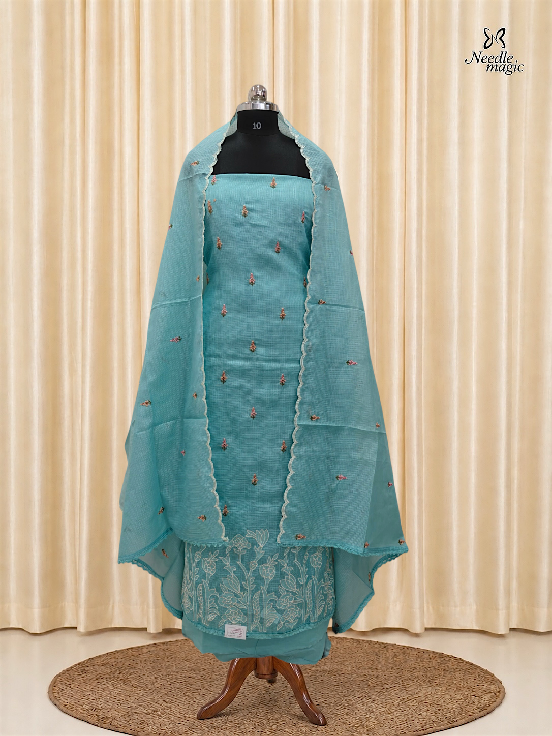 Aqua Blue Net Cotta Churidar with floral Applique