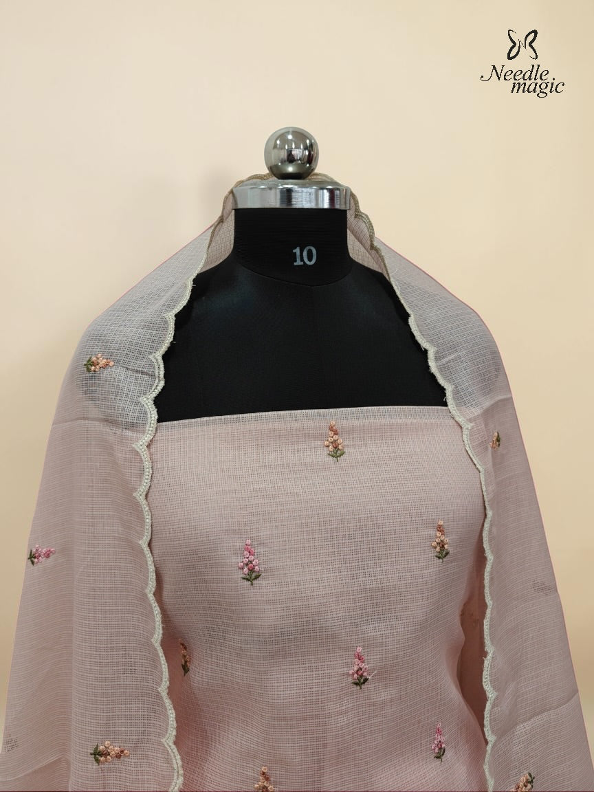 Soft Peach Net Cotta Churidar with floral Applique