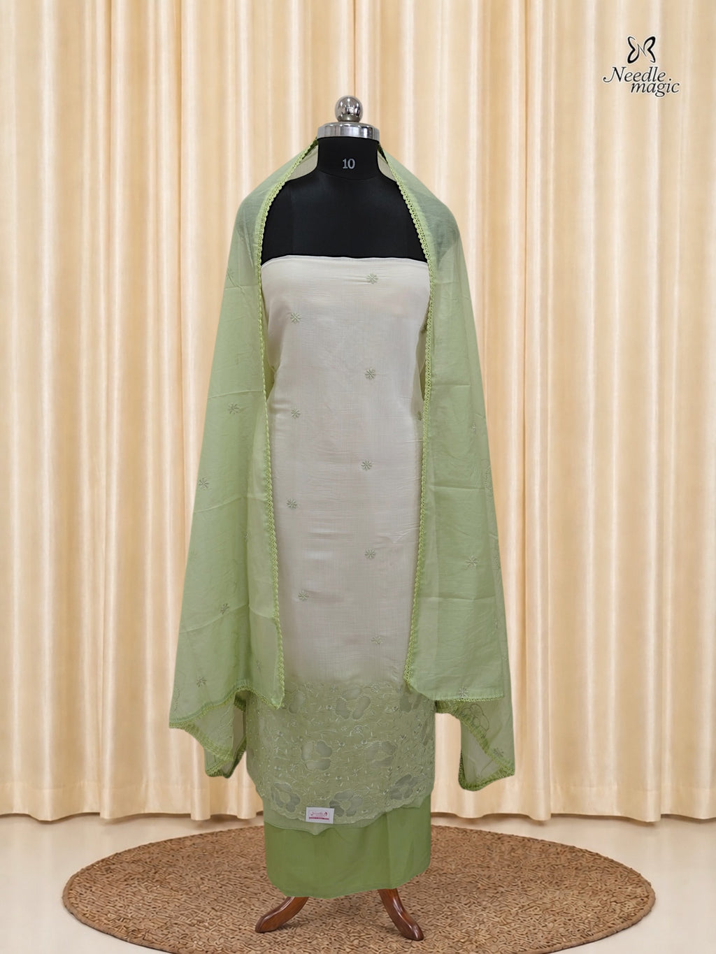 Pastel Pista Green Mul Chanderi Set With Cutwork