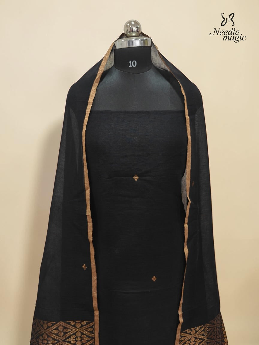 Black Jamdani Linen Churidar With Antique Gold Border & Woven Design