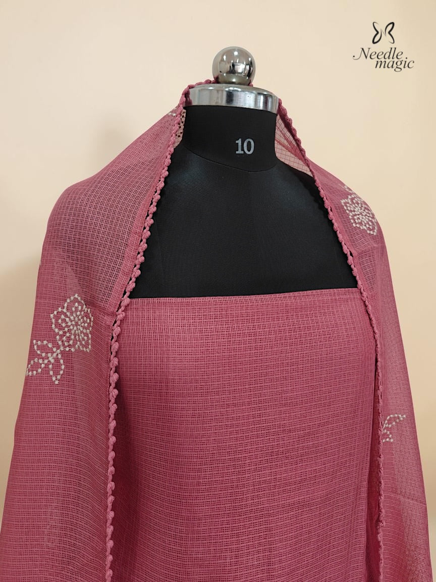Dusty Rose Pink Net Cotta Churidar with floral Applique
