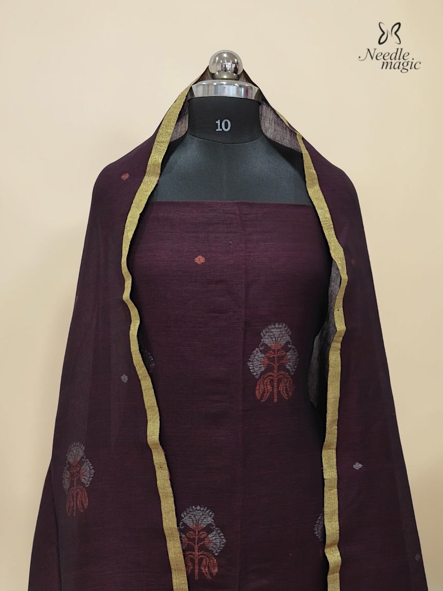 Wine Jamdani Linen Silk Churidar