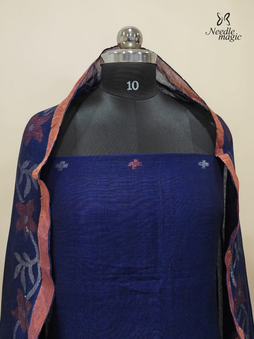 Navy Blue Jamdani Linen Churidar With Copper Floral Dupatta