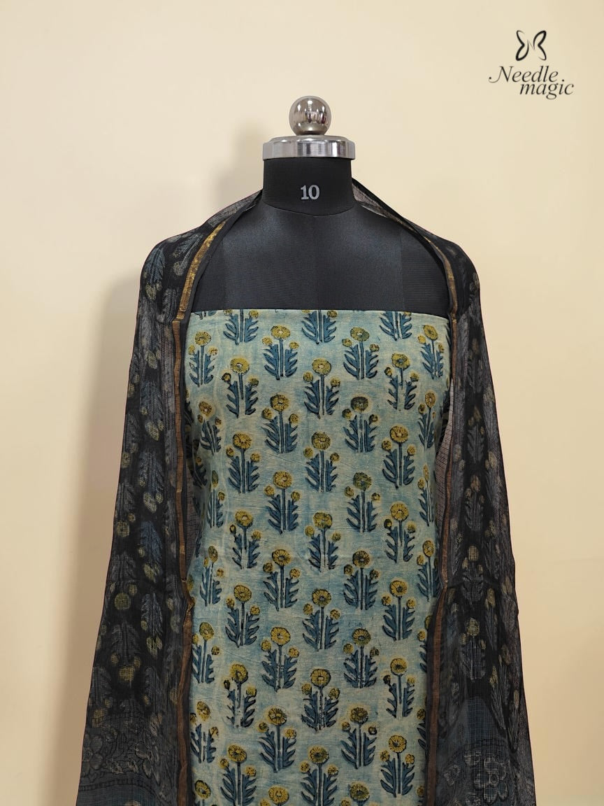 Dusty Teal Blue Cotton Churidar With Hand Block Ajrakh Print