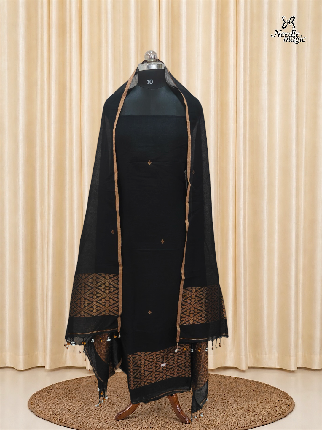Black Jamdani Linen Churidar With Antique Gold Border & Woven Design