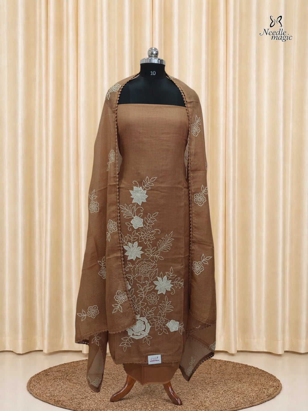 Mocha Brown Net Cotta Churidar with floral Applique