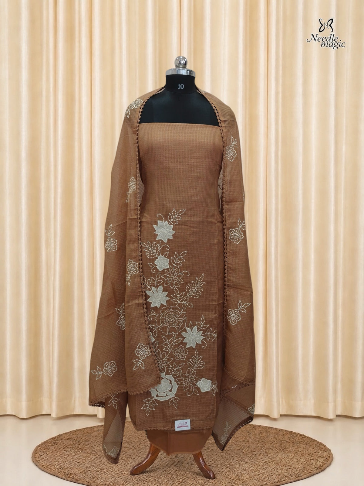 Mocha Brown Net Cotta Churidar with floral Applique