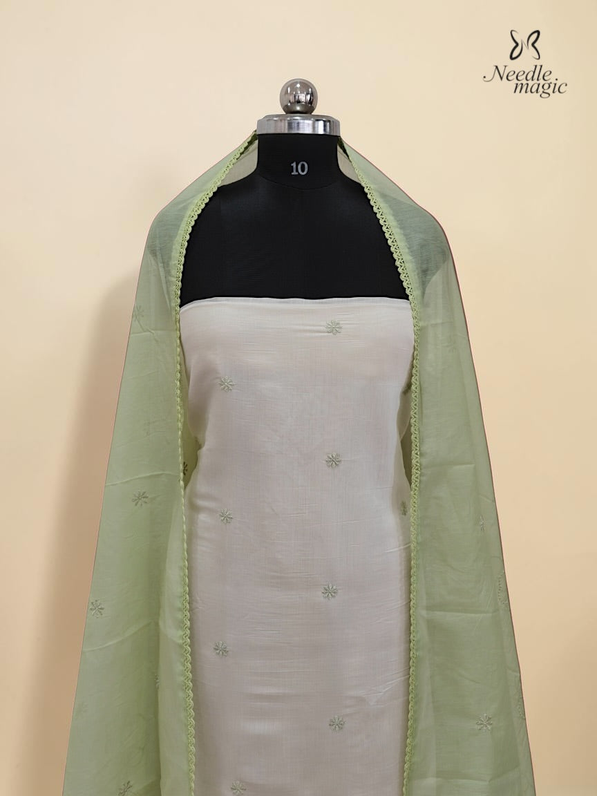 Pastel Pista Green Mul Chanderi Set With Cutwork