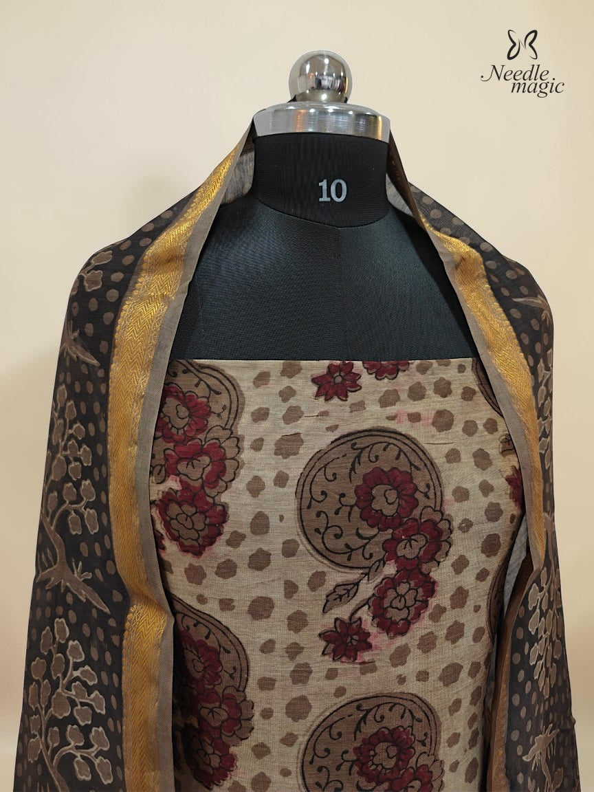 Beige with chocolate brown Maheshwari Silk Churidar