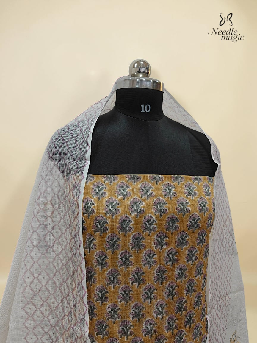 Mustard Yellow Net Cotta Churidar with Multicolour Floral Motifs