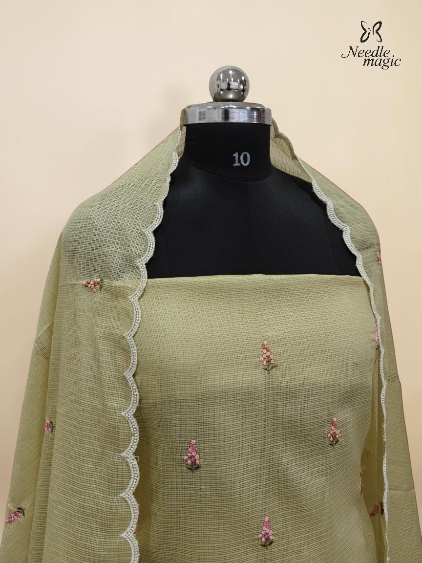 Pistachio Green Net Cotta Churidar with floral Applique