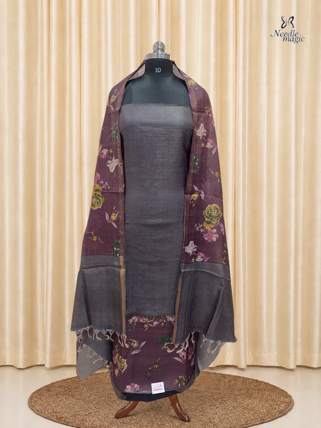 Wine Purple Tussar Silk Churidar with Grey Accents