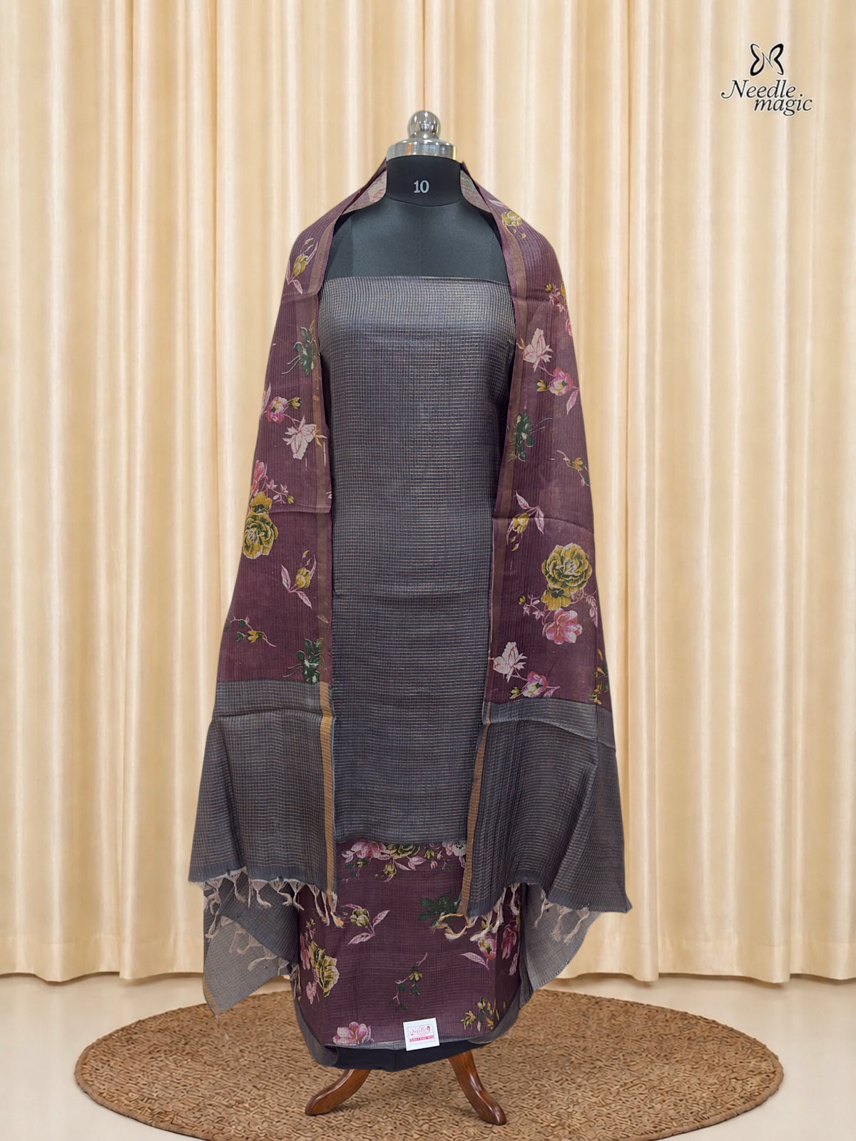 Wine Purple Tussar Silk Churidar with Grey Accents
