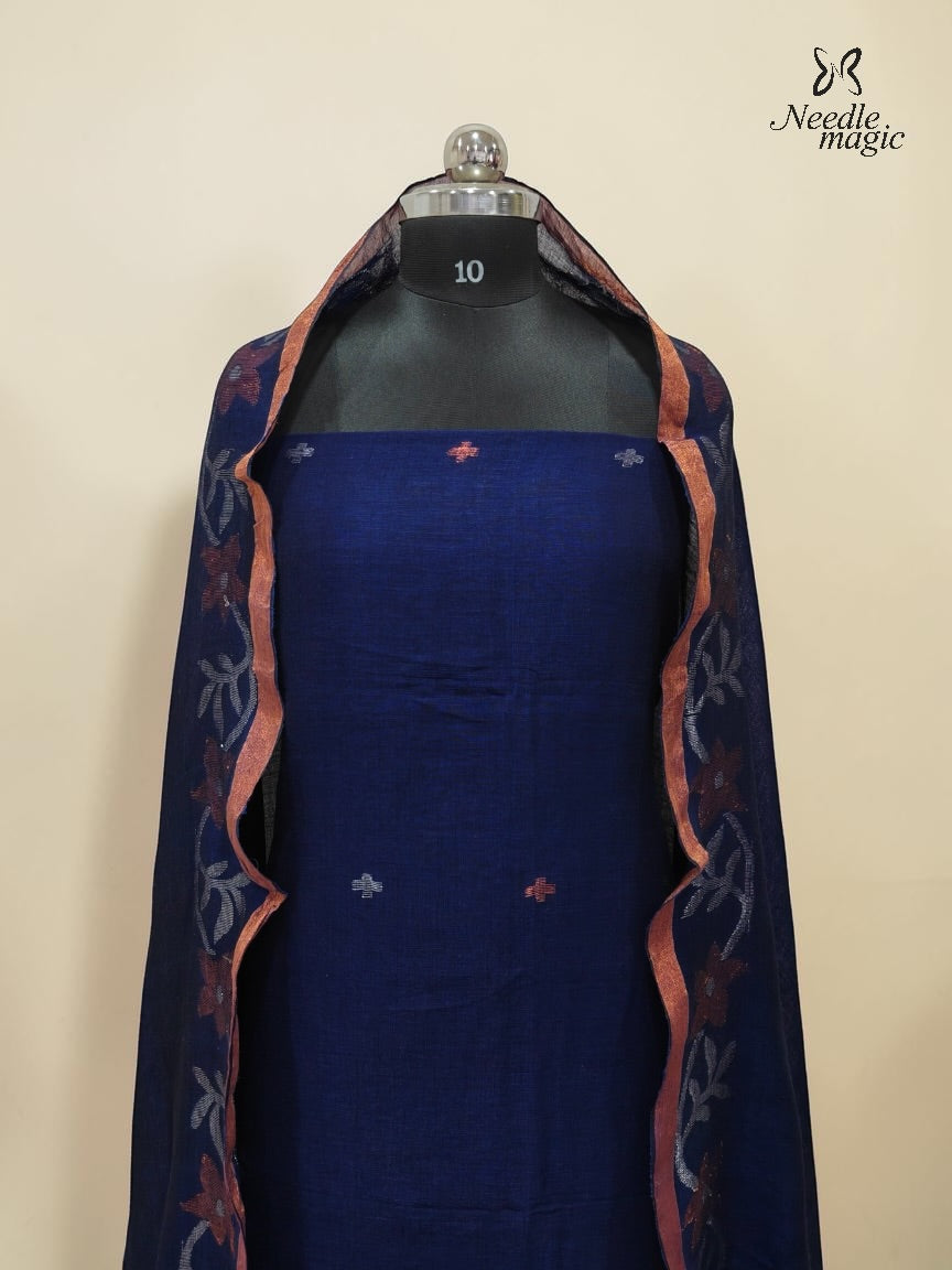 Navy Blue Jamdani Linen Churidar With Copper Floral Dupatta