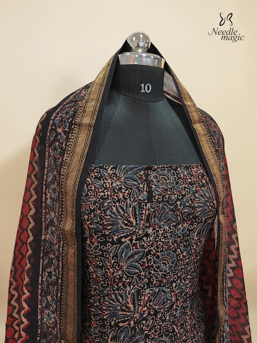 Black with rust red Maheshwari Silk Churidar