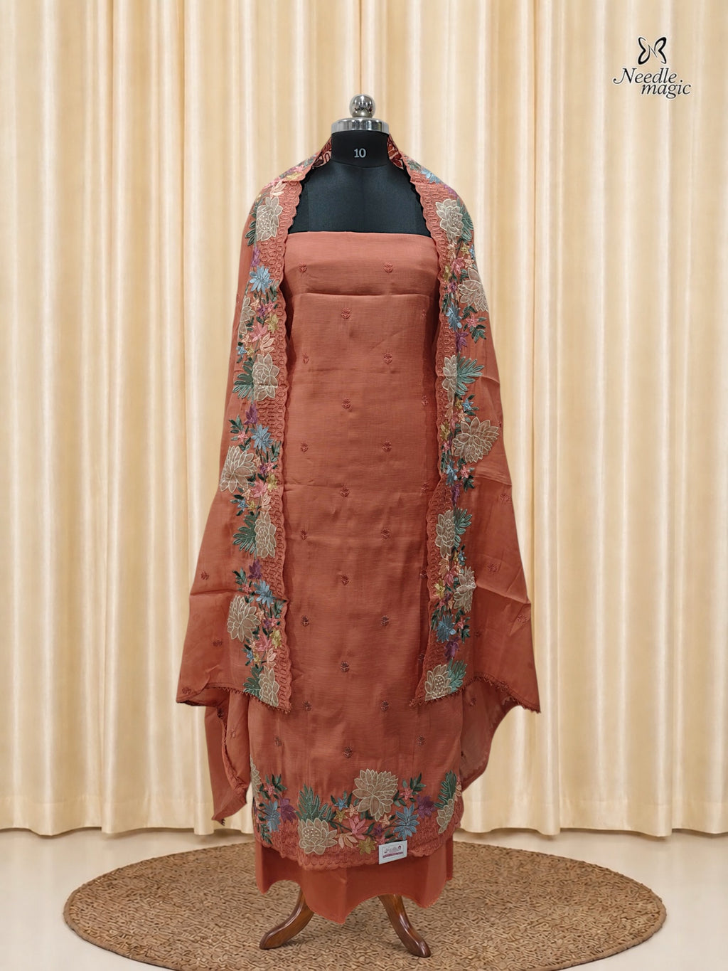 Terracotta Mul Chanderi Set With Embroidery Work