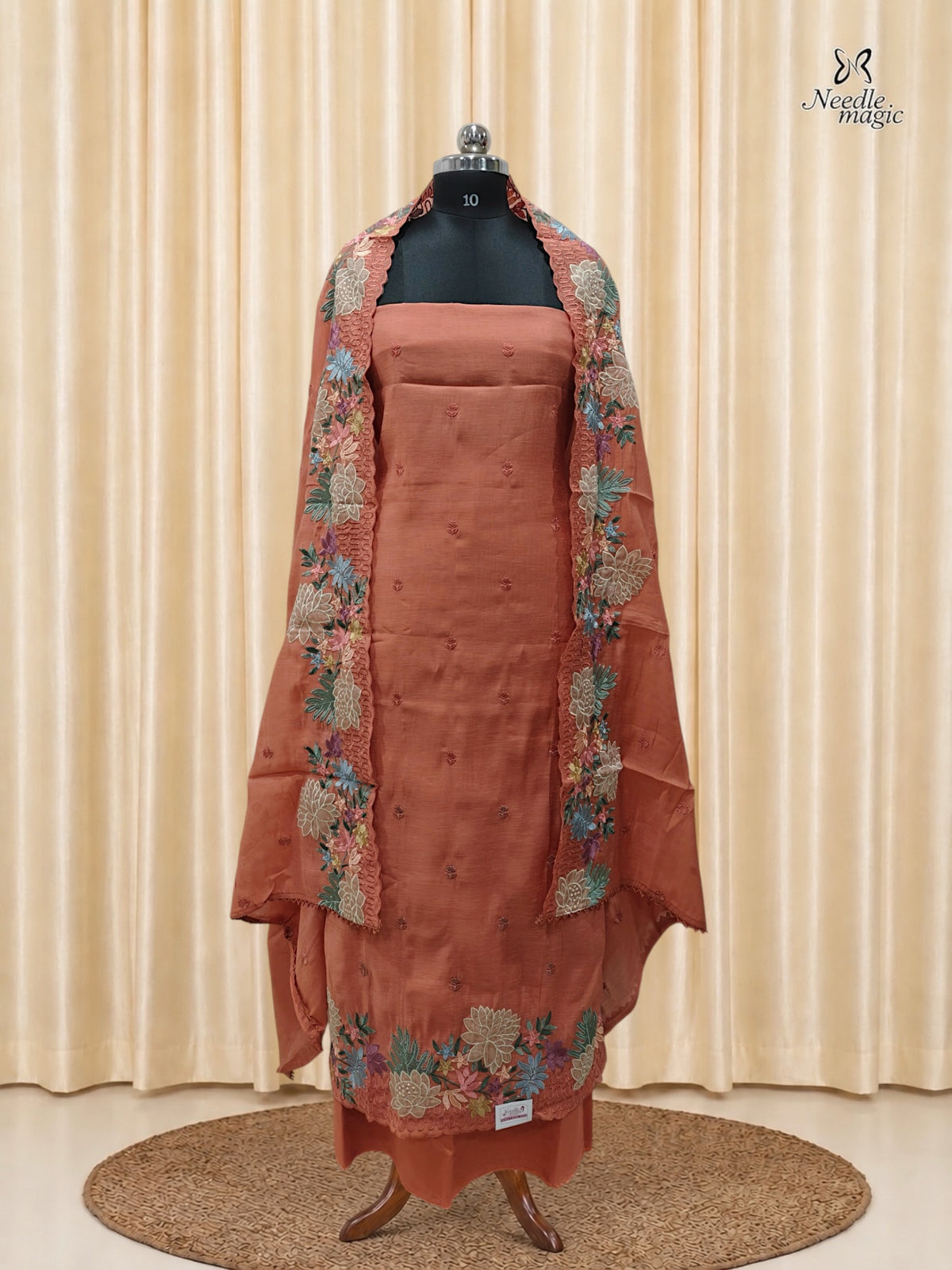 Terracotta Mul Chanderi Set With Embroidery Work
