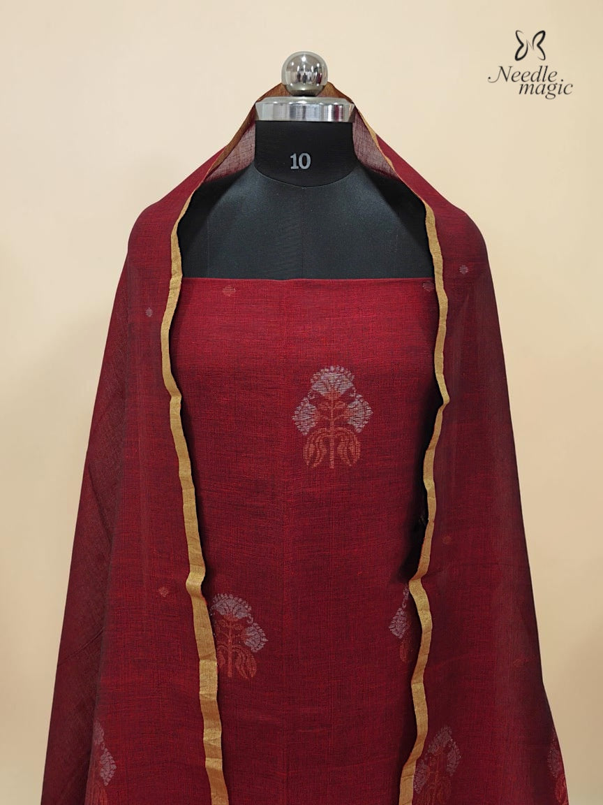 Maroon Jamdani Linen Silk Churidar