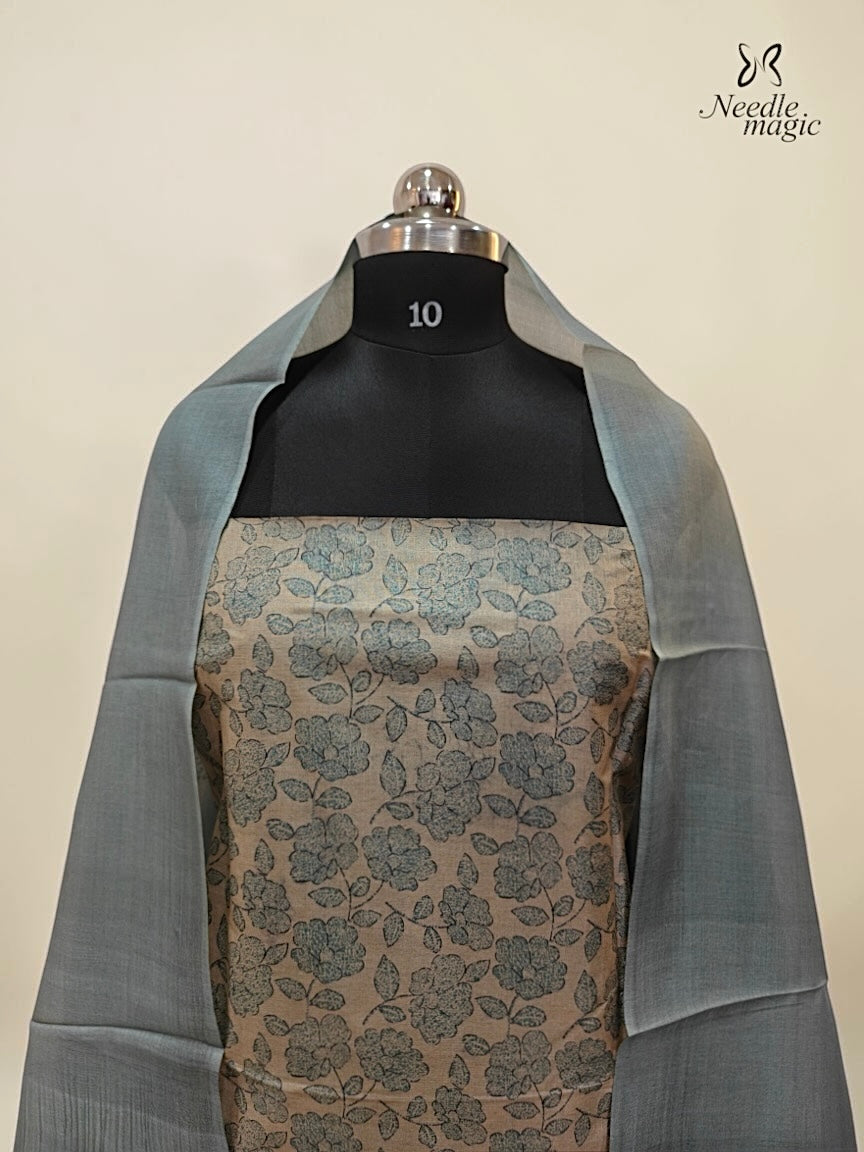 Beige with Sage Blue Tussar Silk Churidar