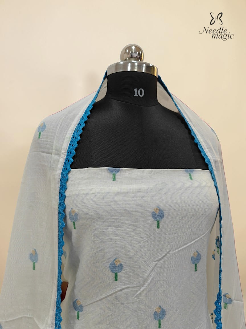 White Mul Cotton Churidar 
With Powder Blue Floral Detailing
