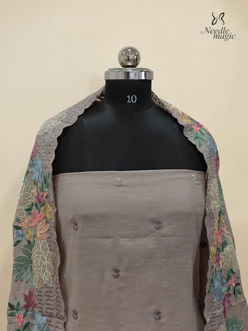 Taupe Grey Mul Chanderi Set With Embroidery Work