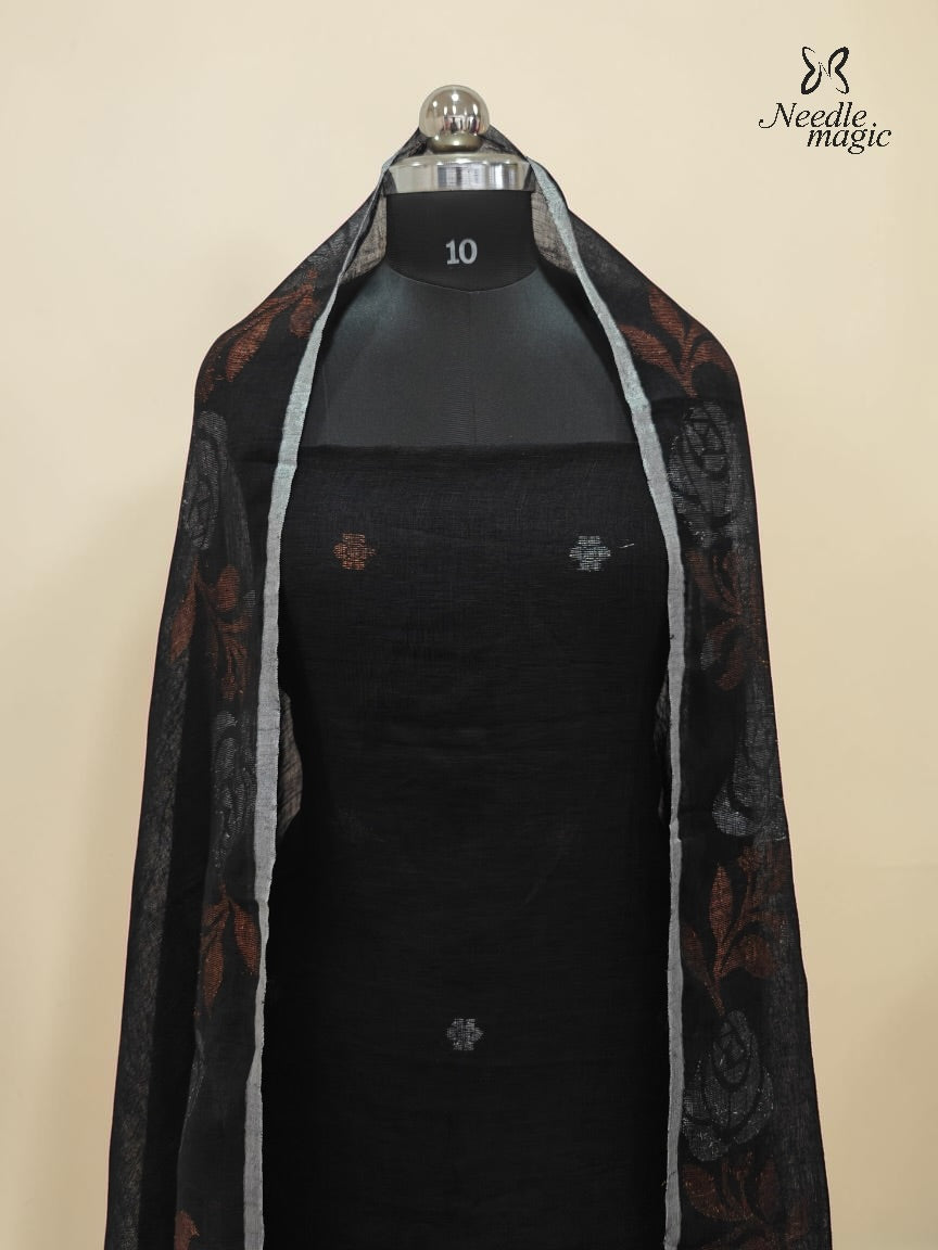 Black Jamdani Linen Churidar With Rust & Silver Floral Dupatta