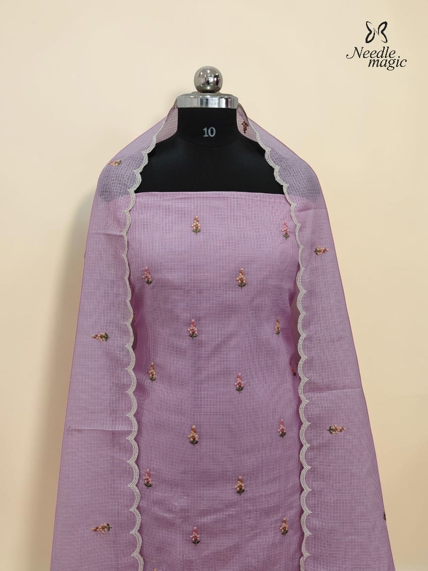 Lavender Net Cotta Churidar with floral Applique