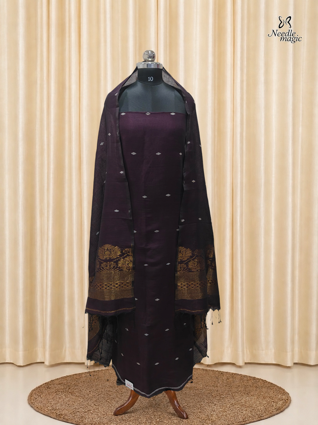 Dark Wine Purple Jamdani Linen Churidar