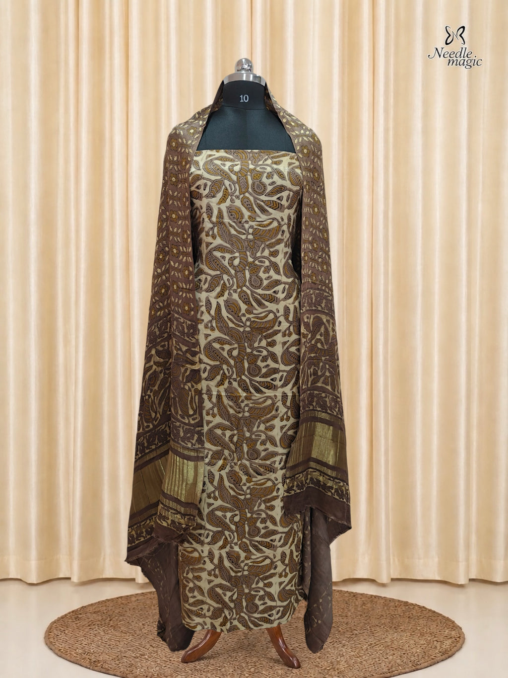 Ivory Cream Modal Silk Churidar with Brown Paisley Print