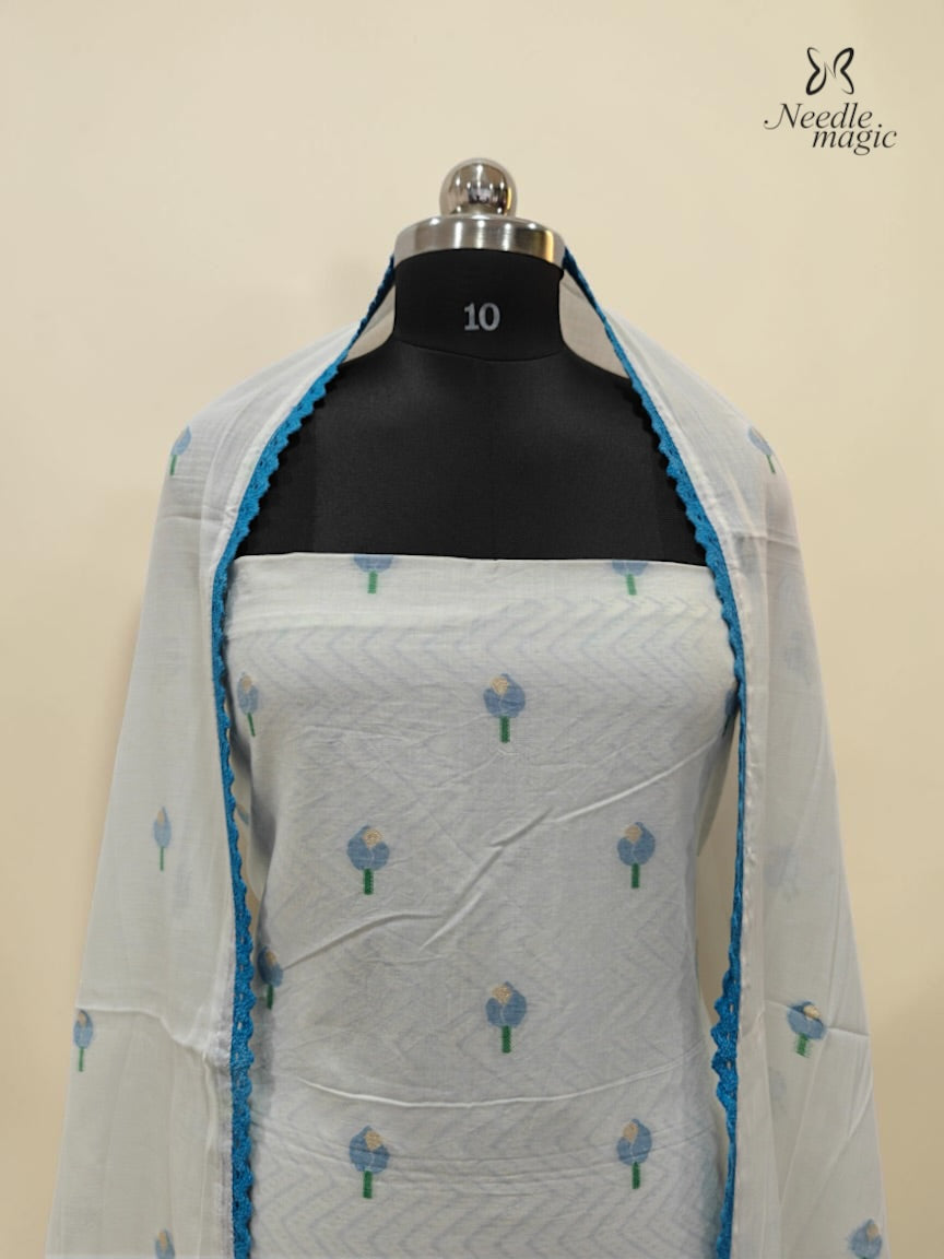 White Mul Cotton Churidar 
With Powder Blue Floral Detailing