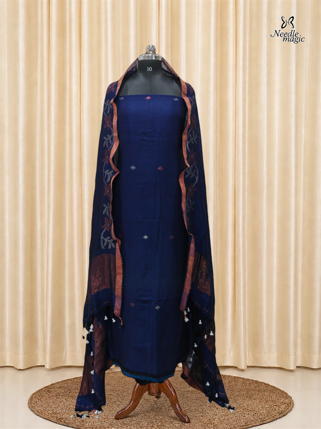 Navy Blue Jamdani Linen Churidar With Copper Floral Dupatta