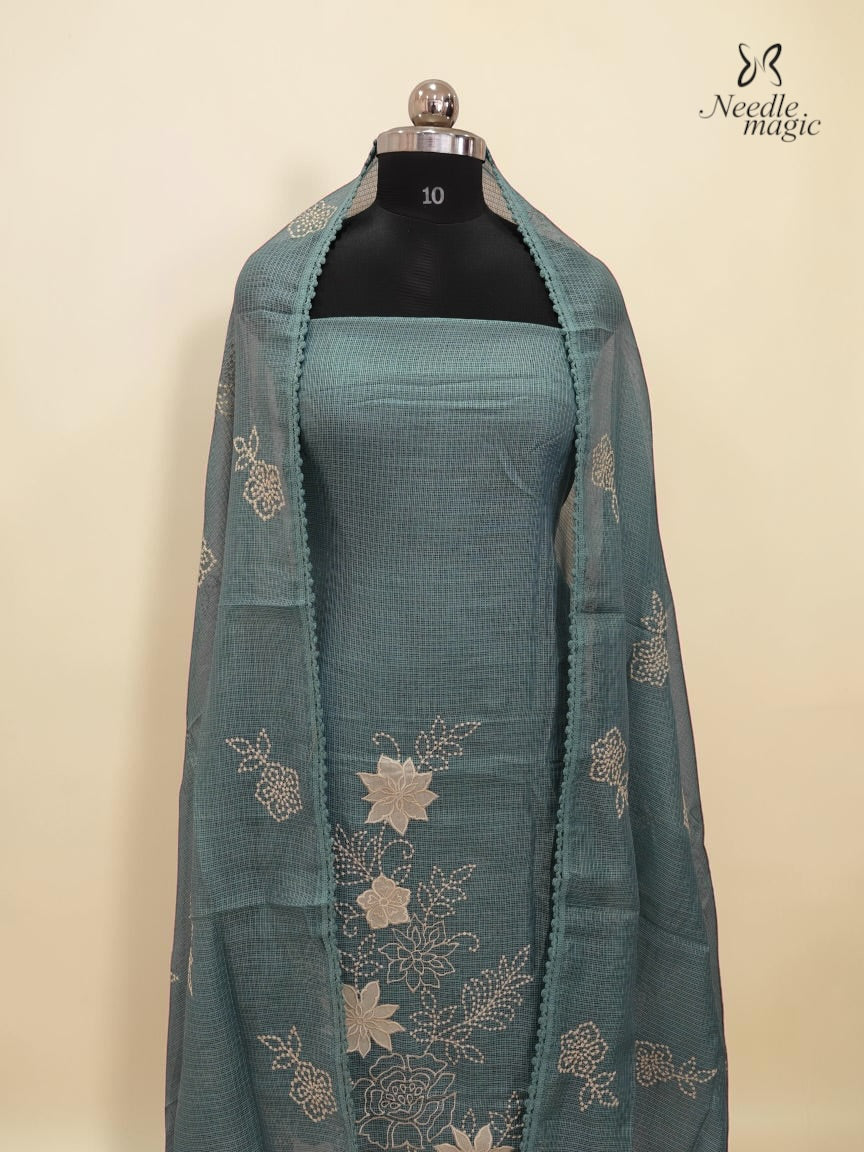 Greyish Teal Net Cotta Churidar with floral Applique