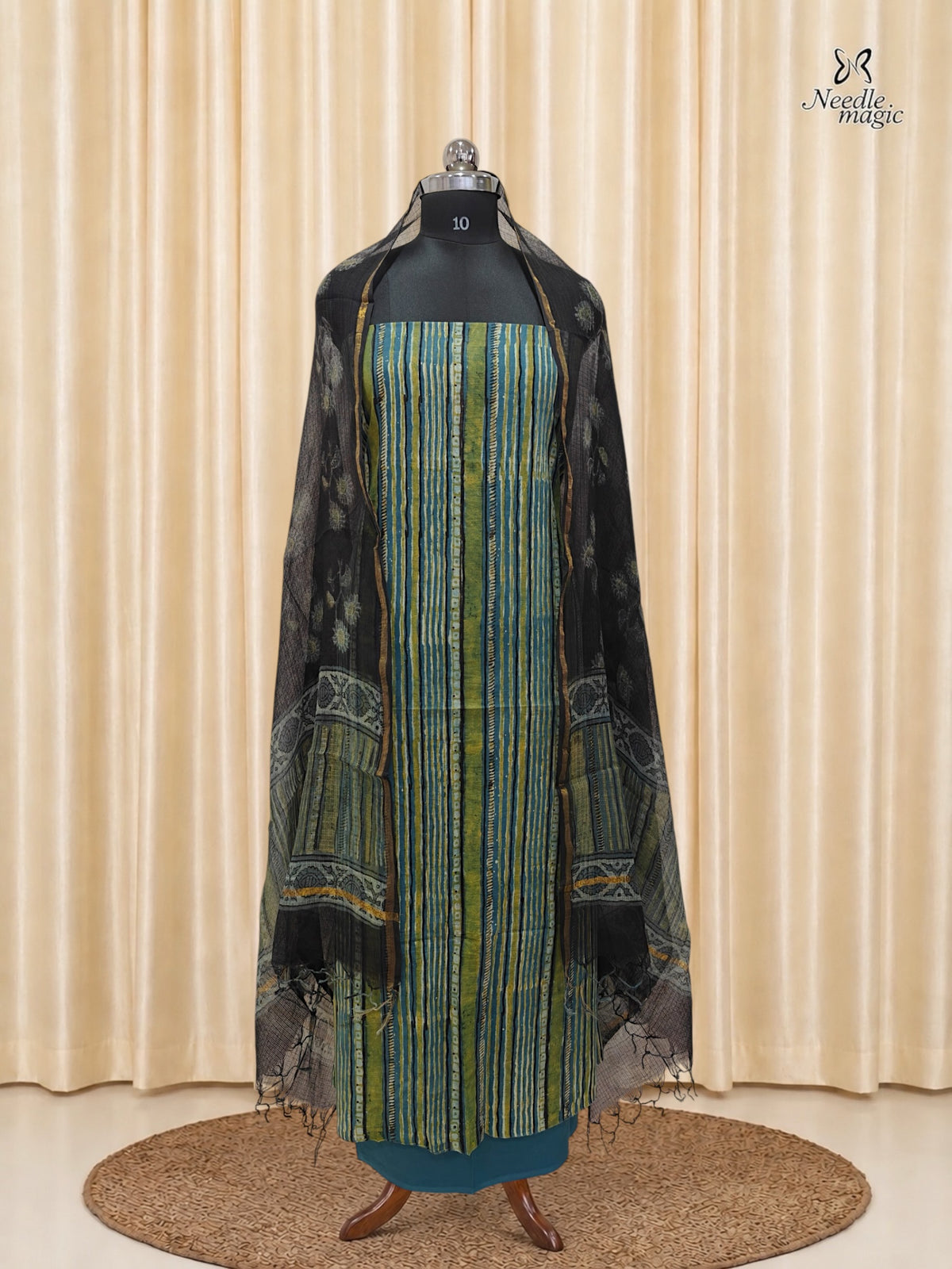 Olive Green Cotton Churidar With Hand Block Ajrakh Print