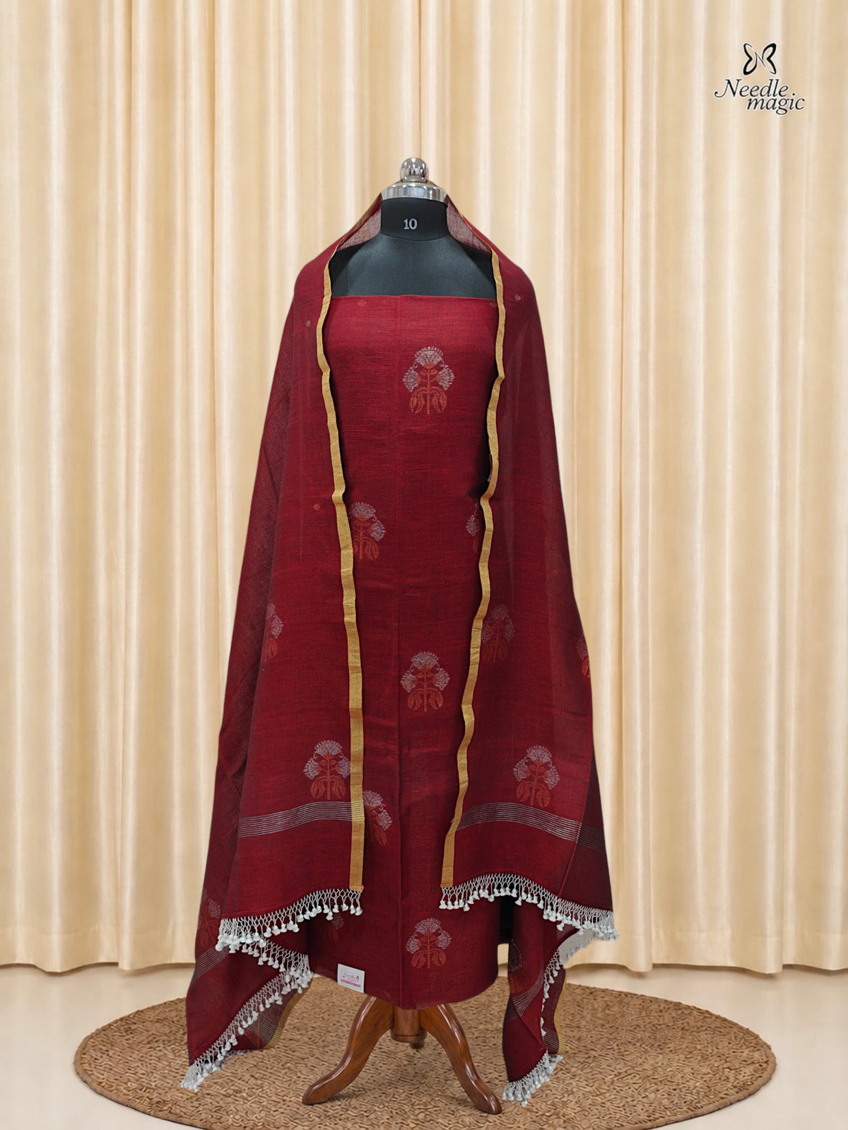 Maroon Jamdani Linen Silk Churidar